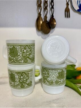 -RARE Fire King Green Floral Milk Glass Mugs - Set of 4